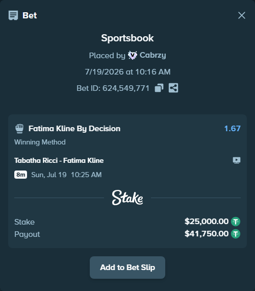 Bet slip: Tabatha Ricci - Fatima Kline, $25,000.00 stake at 1.67 odds, placed by Cabrzy