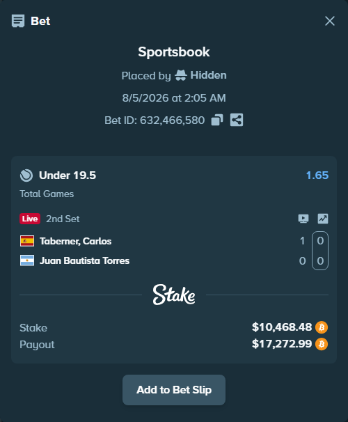 Bet slip: Taberner, Carlos - Juan Bautista Torres, $10,518.11 stake at 1.65 odds, placed by Hidden