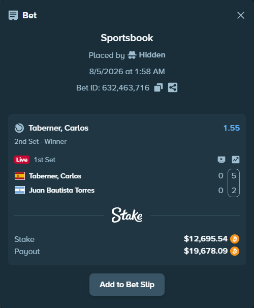 Bet slip: Taberner, Carlos - Juan Bautista Torres, $12,755.73 stake at 1.55 odds, placed by Hidden