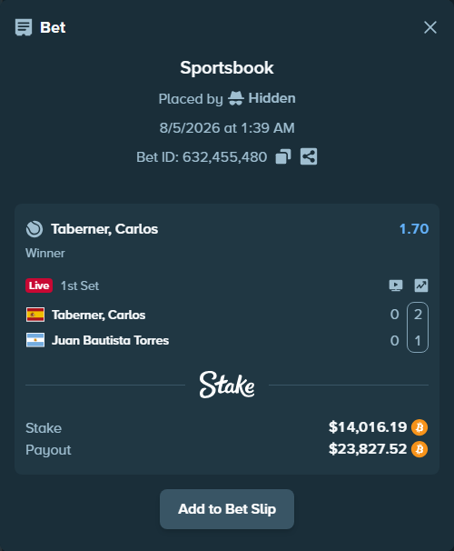 Bet slip: Taberner, Carlos - Juan Bautista Torres, $14,064.61 stake at 1.70 odds, placed by Hidden