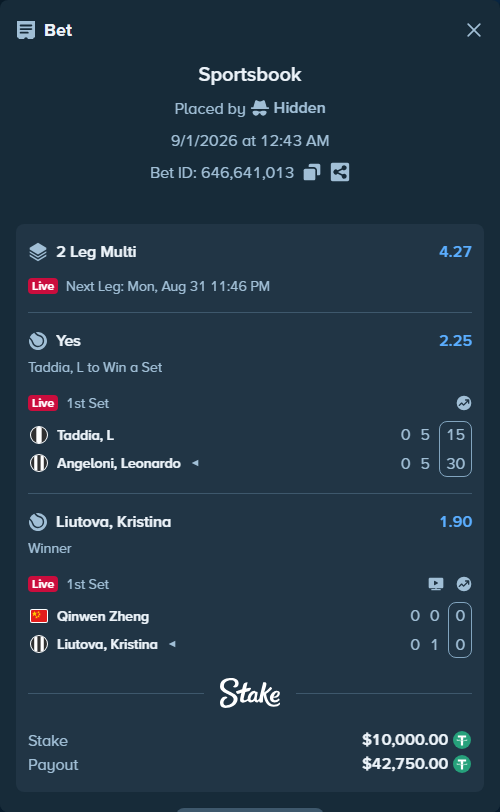 Bet slip: Taddia, L - Angeloni, Leonardo, $10,000.00 stake at 2.25 odds, placed by Hidden