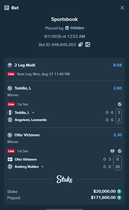 Bet slip: Taddia, L - Angeloni, Leonardo, $20,000.00 stake at 2.60 odds, placed by Hidden