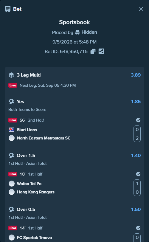 Bet slip: Tai Po FC - Hong Kong Rangers, $10,662.69 stake at 1.40 odds, placed by Hidden