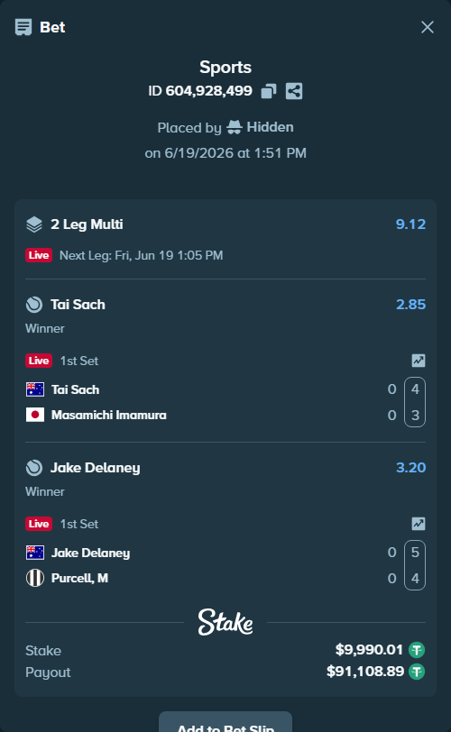 Bet slip: Tai Sach - Masamichi Imamura, $10,000.00 stake at 2.85 odds, placed by Hidden