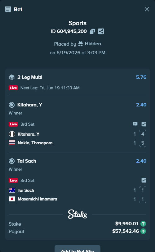 Bet slip: Tai Sach - Masamichi Imamura, $10,000.00 stake at 2.40 odds, placed by Hidden