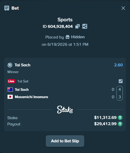 Bet slip: Tai Sach - Masamichi Imamura, $11,324.00 stake at 2.60 odds, placed by Hidden