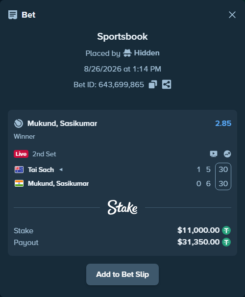 Bet slip: Tai Sach - Mukund, Sasikumar, $11,000.00 stake at 2.85 odds, placed by Hidden