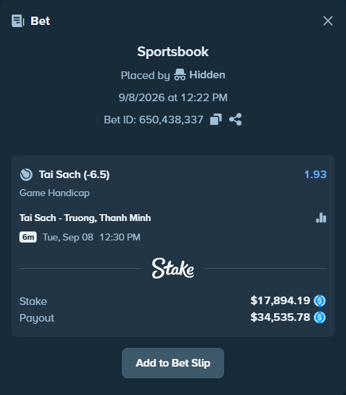 Bet slip: Tai Sach - Truong, Thanh Minh, $17,894.19 stake at 1.93 odds, placed by Hidden