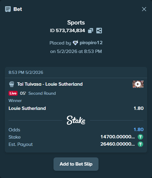 Bet slip: Tai Tuivasa - Louie Sutherland, $14,700.00 stake at 1.80 odds, placed by piropiro12