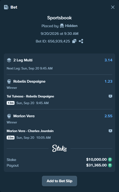 Bet slip: Tai Tuivasa - Robelis Despaigne, $10,000.00 stake at 1.23 odds, placed by Hidden