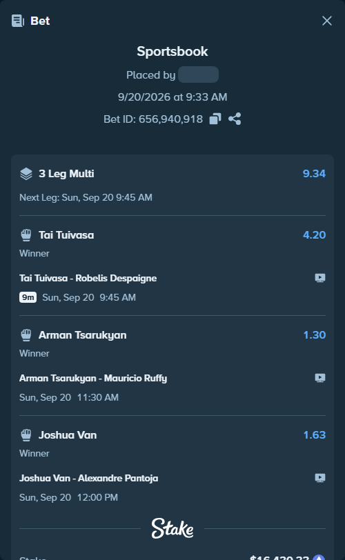 Bet slip: Tai Tuivasa - Robelis Despaigne, $16,335.33 stake at 4.20 odds, placed by XposedTwirch