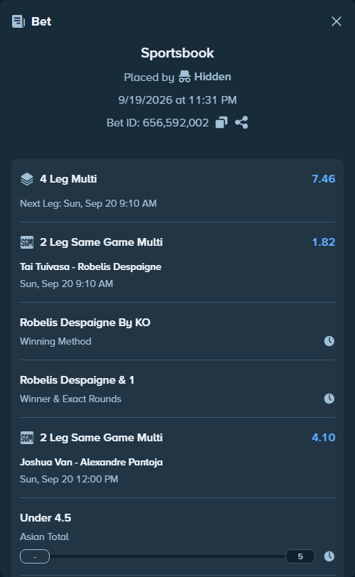 Bet slip: Tai Tuivasa - Robelis Despaigne, $19,926.79 stake at 1.19 odds, placed by Hidden