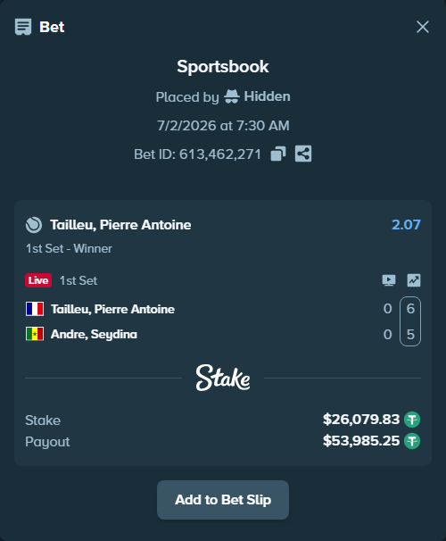 Bet slip: Tailleu, Pierre Antoine - Andre, Seydina, $26,105.91 stake at 2.07 odds, placed by Hidden