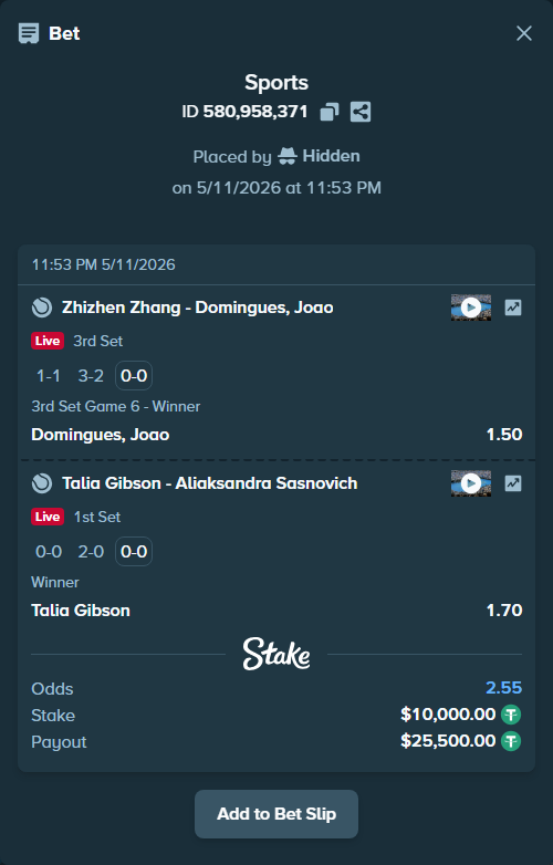 Bet slip: Talia Gibson - Aliaksandra Sasnovich, $10,000.00 stake at 1.70 odds, placed by Hidden