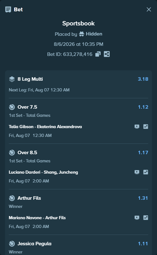 Bet slip: Talia Gibson - Ekaterina Alexandrova, $125,125.00 stake at 1.12 odds, placed by Hidden