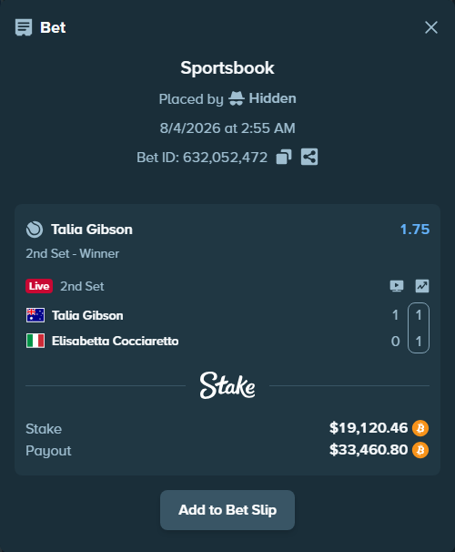 Bet slip: Talia Gibson - Elisabetta Cocciaretto, $19,297.20 stake at 1.75 odds, placed by Hidden