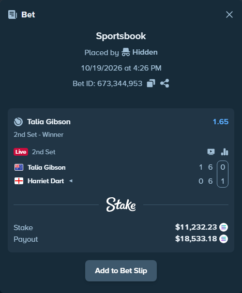 Bet slip: Talia Gibson - Harriet Dart, $11,248.92 stake at 1.65 odds, placed by Hidden