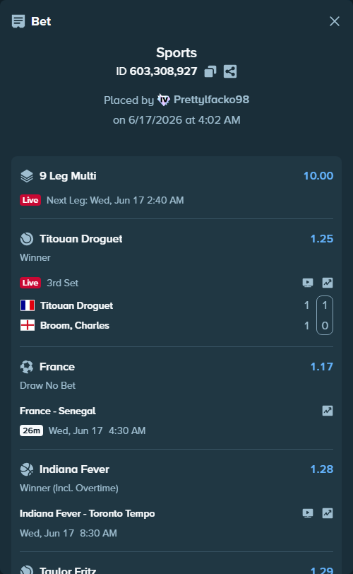 Bet slip: Talia Gibson - Qinwen Zheng, $115,535.04 stake at 1.47 odds, placed by Prettylfacko98