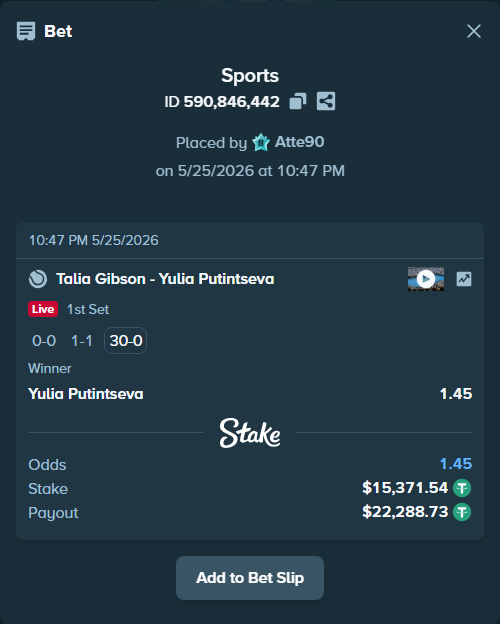 Bet slip: Talia Gibson - Yulia Putintseva, $15,386.91 stake at 1.45 odds, placed by Atte90