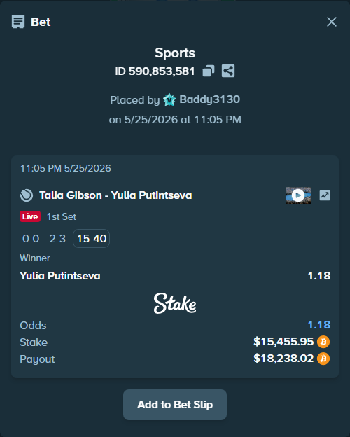 Bet slip: Talia Gibson - Yulia Putintseva, $12,866.00 stake at 1.18 odds, placed by Baddy3130