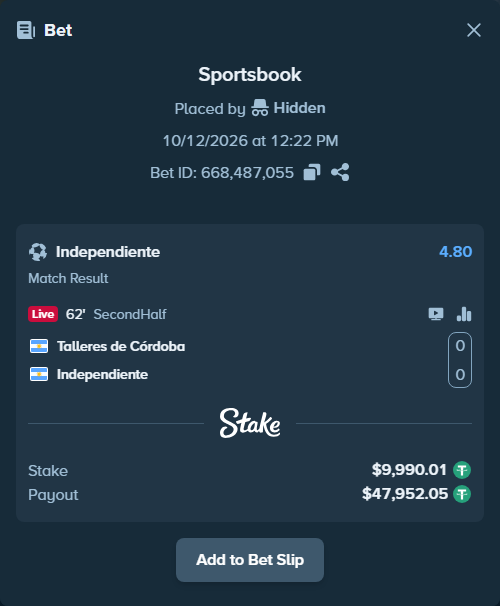 Bet slip: Talleres Cordoba - Independiente, $10,000.00 stake at 4.80 odds, placed by Agus1033