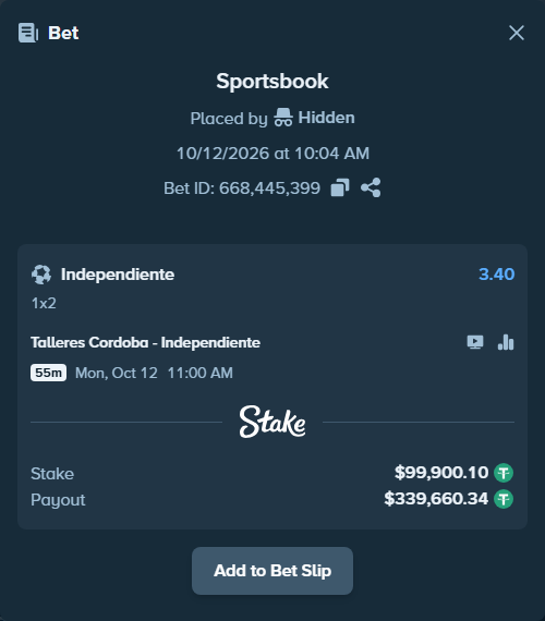 Bet slip: Talleres Cordoba - Independiente, $100,000.00 stake at 3.40 odds, placed by Hidden