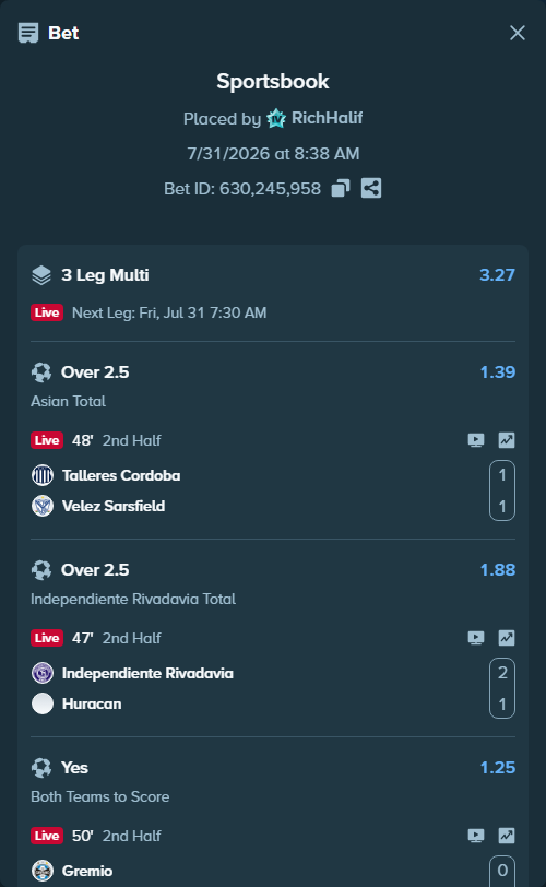 Bet slip: Talleres Cordoba - Velez Sarsfield, $10,000.00 stake at 1.39 odds, placed by RichHalif