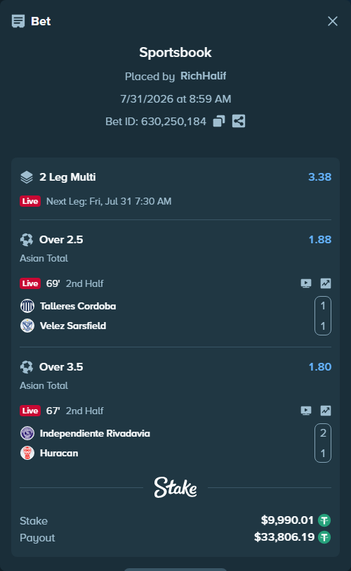 Bet slip: Talleres Cordoba - Velez Sarsfield, $10,000.00 stake at 1.88 odds, placed by RichHalif