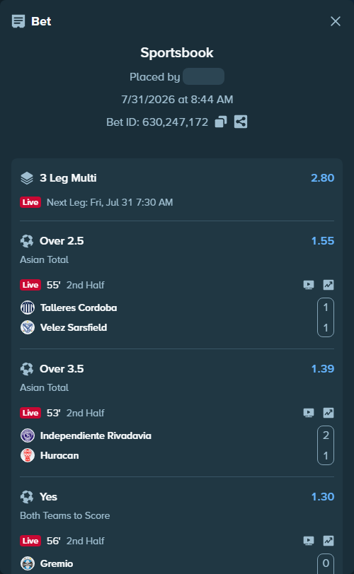 Bet slip: Talleres Cordoba - Velez Sarsfield, $25,000.00 stake at 1.55 odds, placed by RichHalif