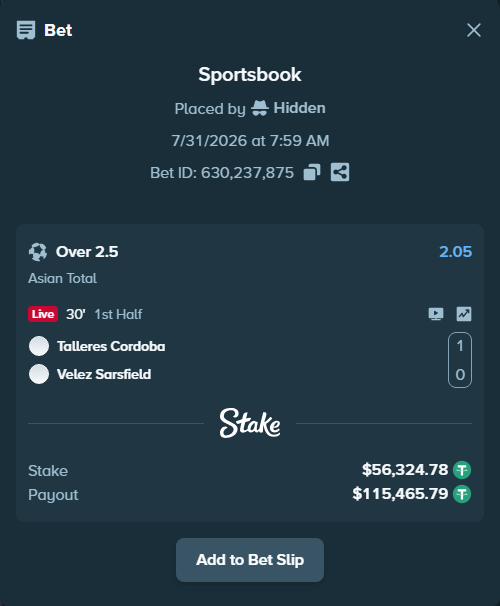 Bet slip: Talleres Cordoba - Velez Sarsfield, $56,381.10 stake at 2.05 odds, placed by Hidden
