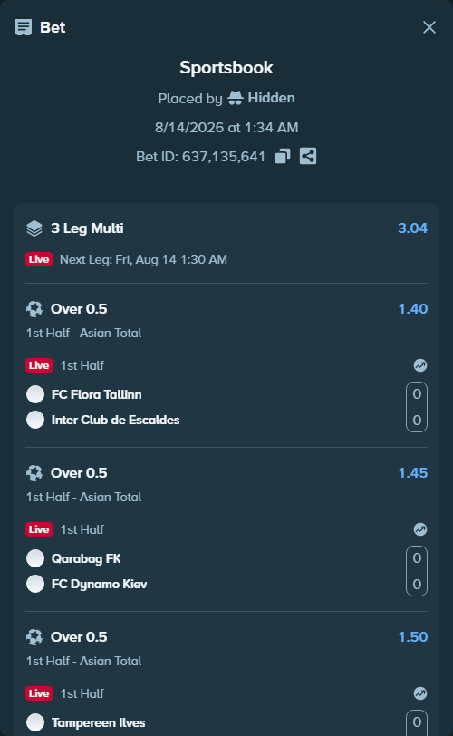 Bet slip: Tallinna FC Flora - Inter Club de Escaldes, $14,276.79 stake at 1.40 odds, placed by Hidden