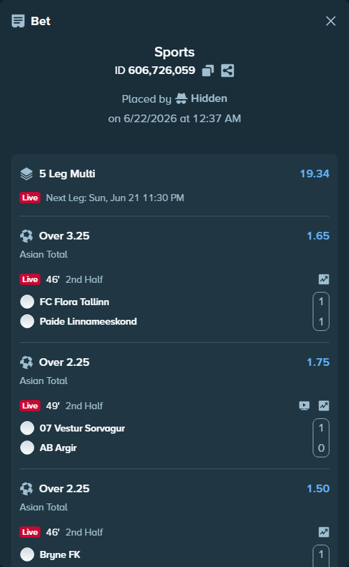 Bet slip: Tallinna FC Flora - Paide Linnameeskond, $17,208.74 stake at 1.65 odds, placed by Hidden