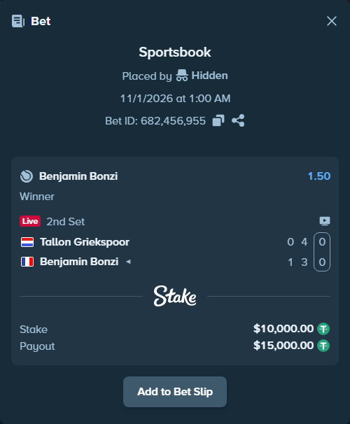 Bet slip: Tallon Griekspoor - Benjamin Bonzi, $10,010.00 stake at 1.50 odds, placed by Hidden