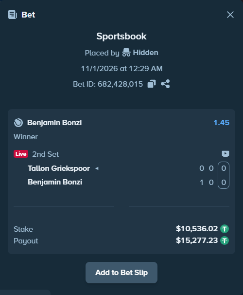 Bet slip: Tallon Griekspoor - Benjamin Bonzi, $10,546.56 stake at 1.45 odds, placed by Ravi4155