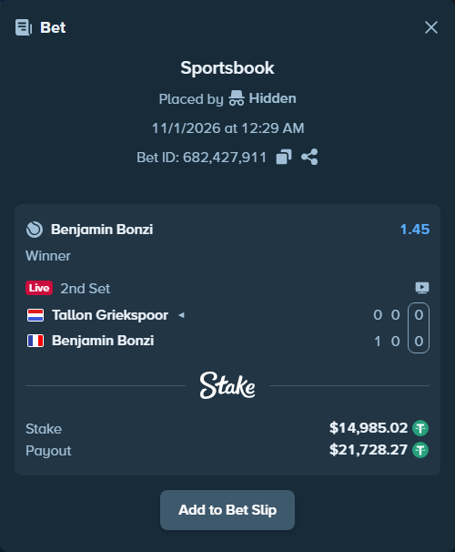 Bet slip: Tallon Griekspoor - Benjamin Bonzi, $15,000.00 stake at 1.45 odds, placed by maxik94