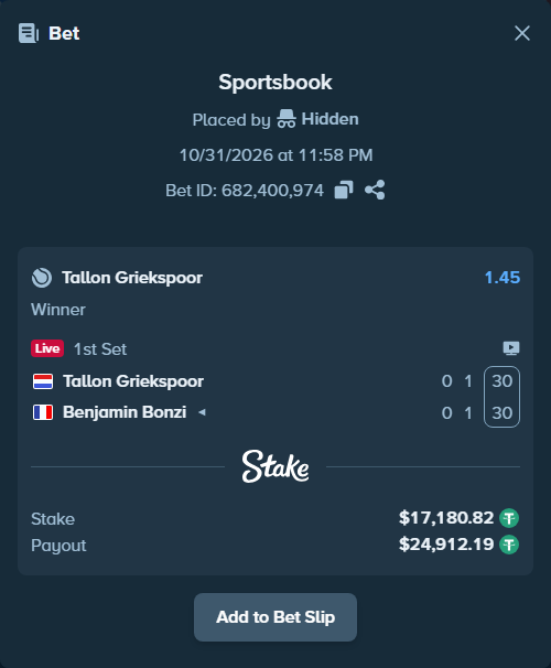 Bet slip: Tallon Griekspoor - Benjamin Bonzi, $17,198.00 stake at 1.45 odds, placed by Hidden