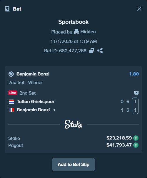 Bet slip: Tallon Griekspoor - Benjamin Bonzi, $23,241.81 stake at 1.80 odds, placed by Hidden