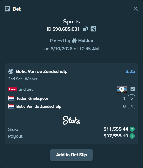 Bet slip: Tallon Griekspoor - Botic Van de Zandschulp, $11,567.00 stake at 3.25 odds, placed by Hidden