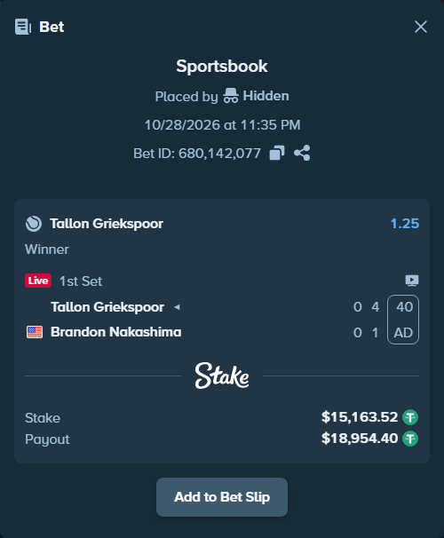 Bet slip: Tallon Griekspoor - Brandon Nakashima, $15,178.68 stake at 1.25 odds, placed by Hidden