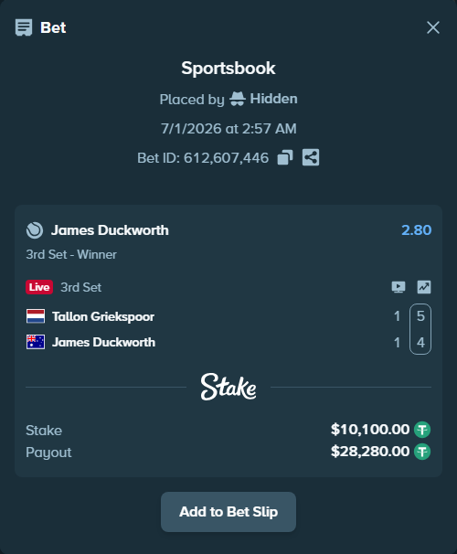Bet slip: Tallon Griekspoor - James Duckworth, $10,110.10 stake at 2.80 odds, placed by Hidden