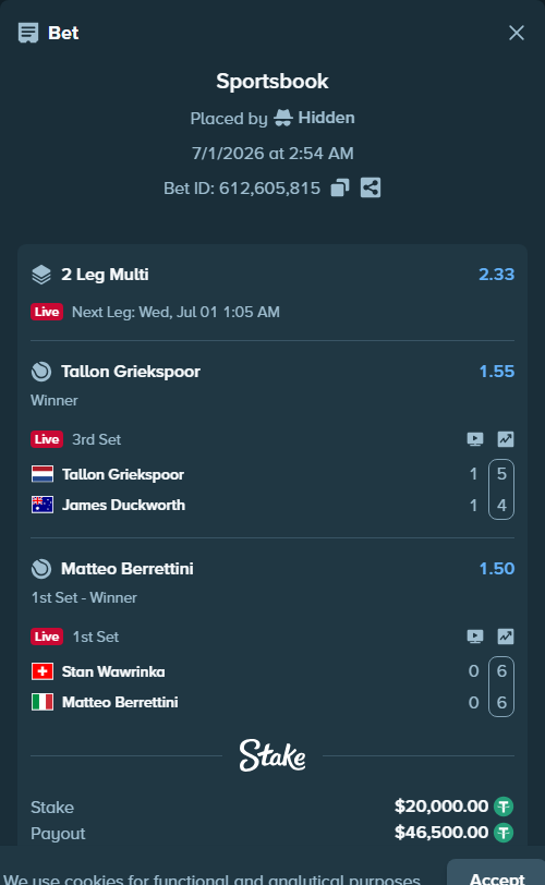 Bet slip: Tallon Griekspoor - James Duckworth, $20,020.00 stake at 1.55 odds, placed by Hidden