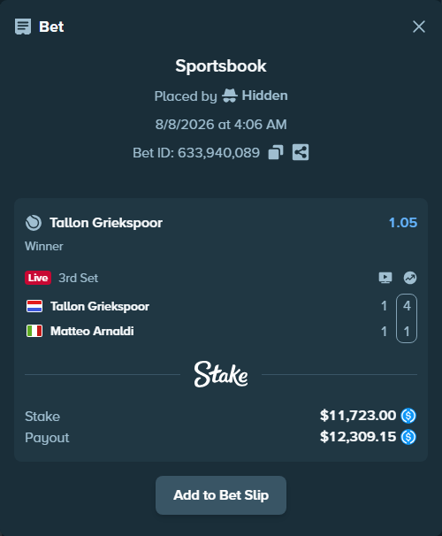 Bet slip: Tallon Griekspoor - Matteo Arnaldi, $11,723.00 stake at 1.05 odds, placed by Hidden