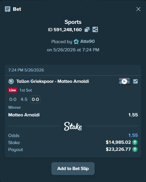 Bet slip: Tallon Griekspoor - Matteo Arnaldi, $15,000.00 stake at 1.55 odds, placed by Atte90