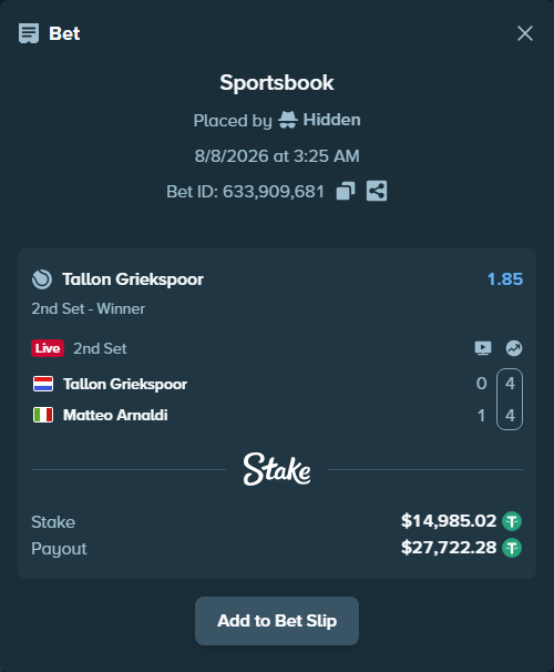 Bet slip: Tallon Griekspoor - Matteo Arnaldi, $15,000.00 stake at 1.85 odds, placed by Hidden