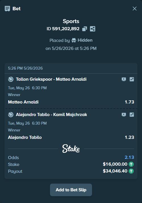 Bet slip: Tallon Griekspoor - Matteo Arnaldi, $16,016.00 stake at 1.73 odds, placed by Hidden