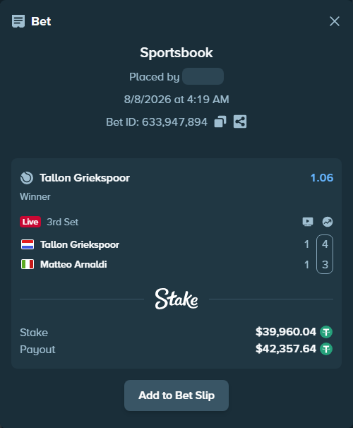 Bet slip: Tallon Griekspoor - Matteo Arnaldi, $40,000.00 stake at 1.06 odds, placed by antoniku