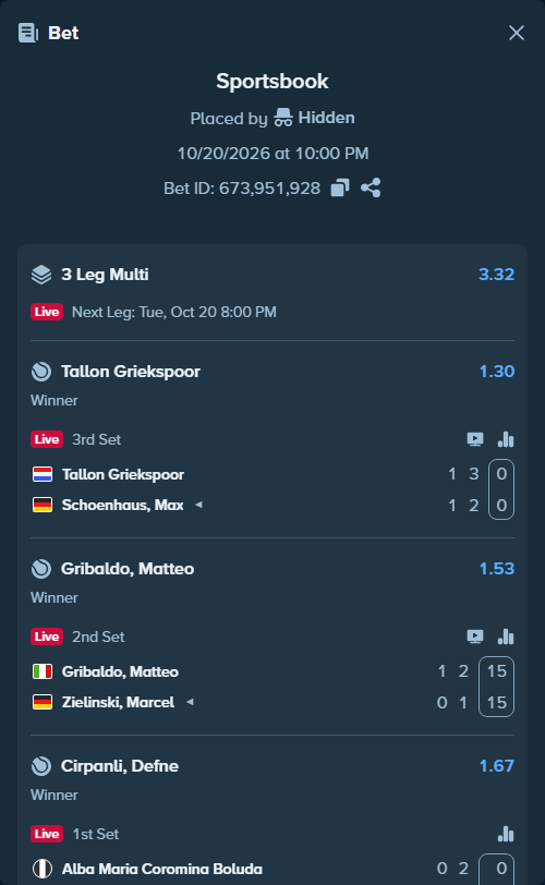 Bet slip: Tallon Griekspoor - Schoenhaus, Max, $20,000.00 stake at 1.30 odds, placed by Hidden