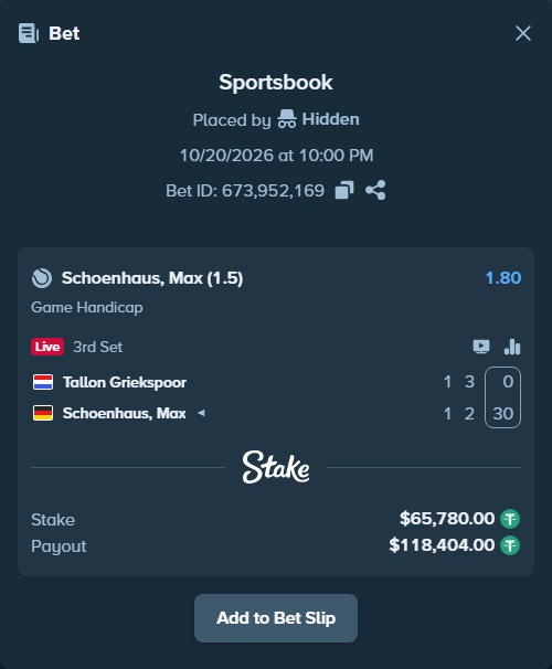 Bet slip: Tallon Griekspoor - Schoenhaus, Max, $65,845.78 stake at 1.80 odds, placed by Hidden
