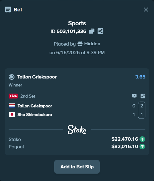Bet slip: Tallon Griekspoor - Sho Shimabukuro, $22,492.63 stake at 3.65 odds, placed by Hidden