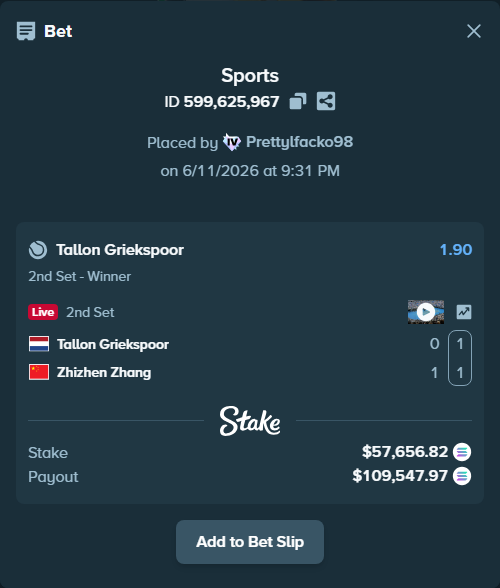 Bet slip: Tallon Griekspoor - Zhizhen Zhang, $64,250.68 stake at 1.90 odds, placed by Prettylfacko98